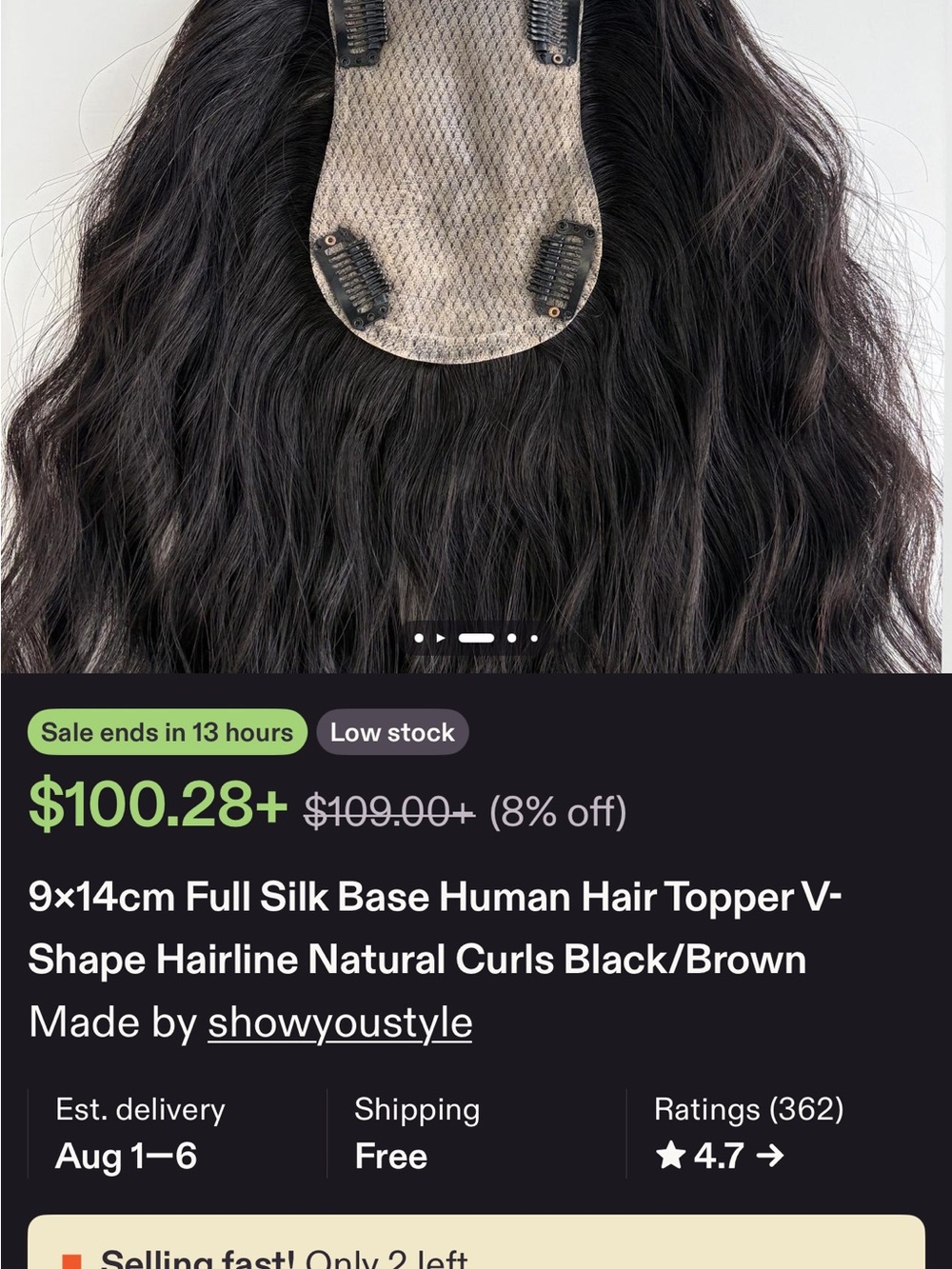 Black/Brown Full Silk Base Human Hair Topper - Natural Curls